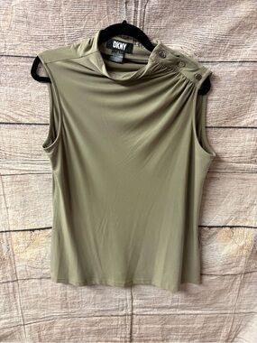 😍DKNY Olive Green Sleeveless Mock Neck Top with Shoulder Snap Detail